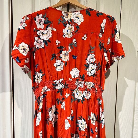 Retro Tomato Red & White Floral Flowy Short Sleeve Button Down A Line Maxi Dress - Picture 7 of 12